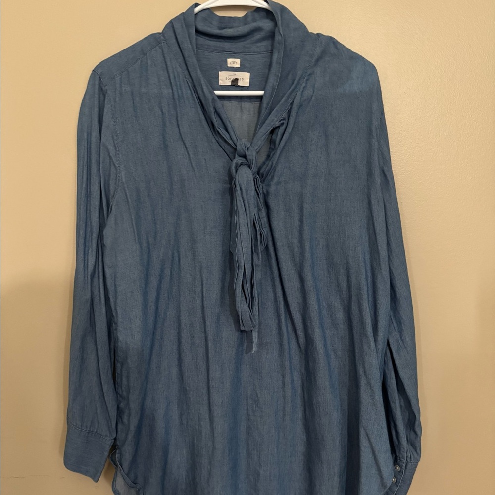 LOFT Dusty Blue Tie-Neck Long Sleeve Blouse